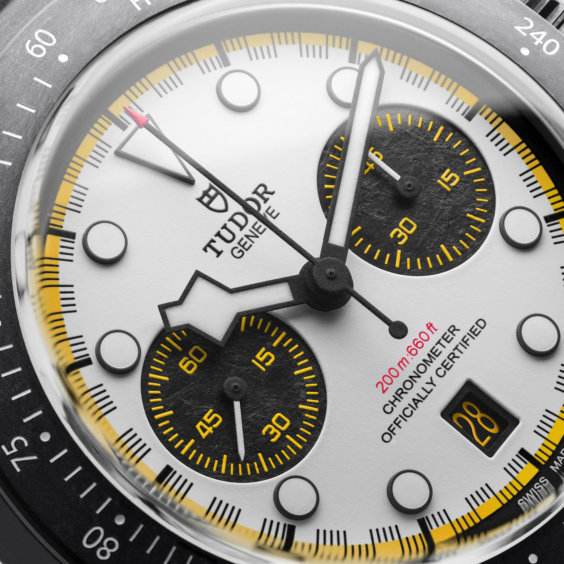 "Racing white" with luminous black counters, domed dial