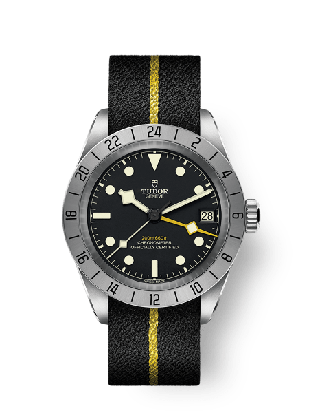 Black Bay Pro 39mm steel case Black fabric strap with yellow band